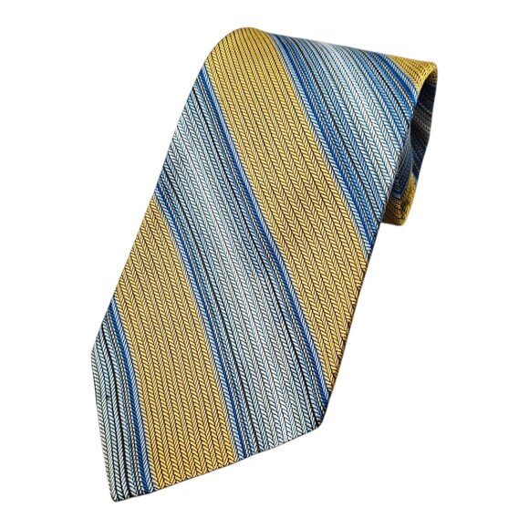 Christian Dior Silk Vintage Coloblock Strip Pattern Long Blue And Gold Tie - Picture 1 of 5